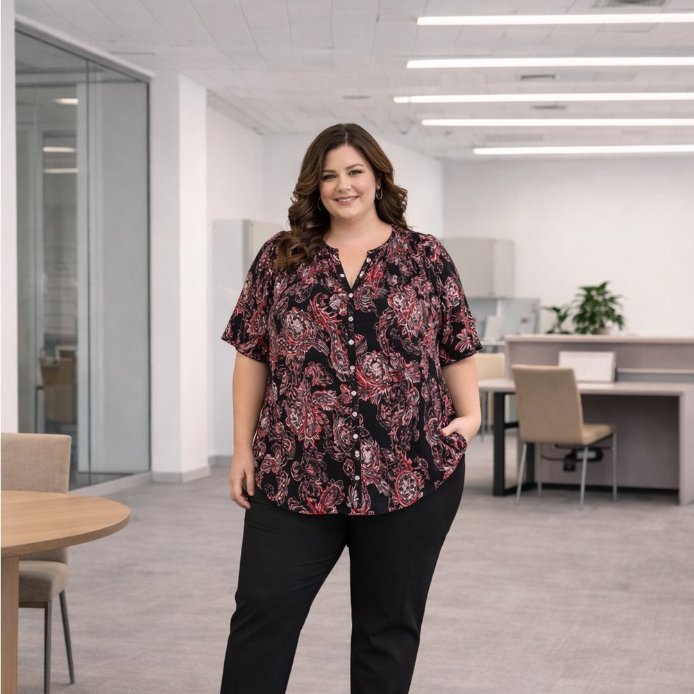 Roaman’s 22W Black Paisley Button-Front Blouse | Plus Size Business Casual Top